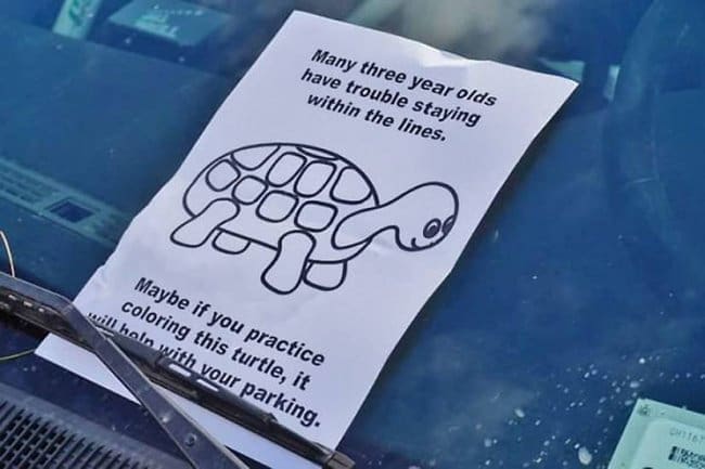 Windshield note with a turtle coloring page suggesting the driver practice staying within lines.