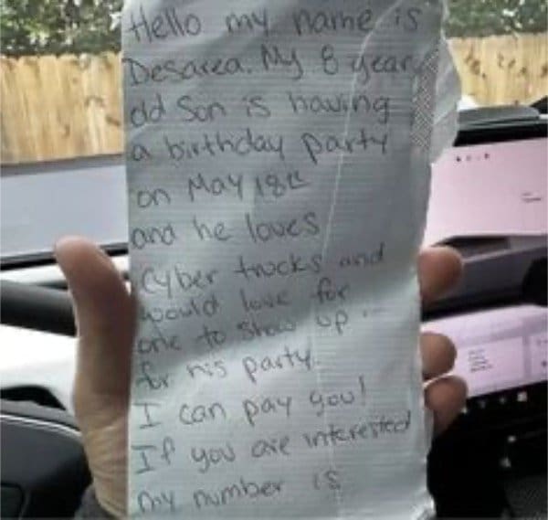 Note asking a Cybertruck owner to bring the truck to a child's birthday party.