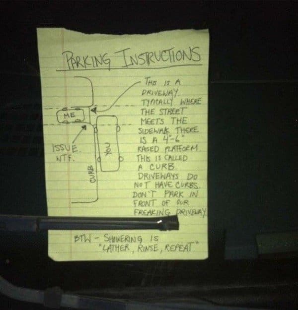 Handwritten parking diagram explaining what a curb is, with a postscript about shampoo instructions.