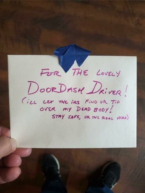 Envelope for a DoorDash driver joking that the tip stays hidden from the IRS.