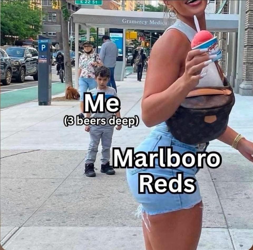Meme dump street photo labeling a staring boy as me three beers deep near Marlboro Reds