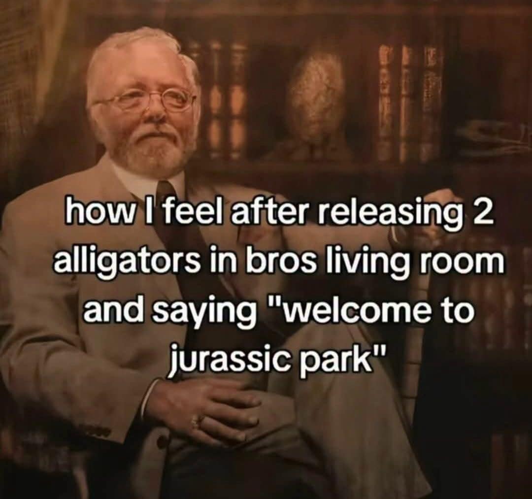 Old man in a tan suit captioned about releasing two alligators in a friend's living room