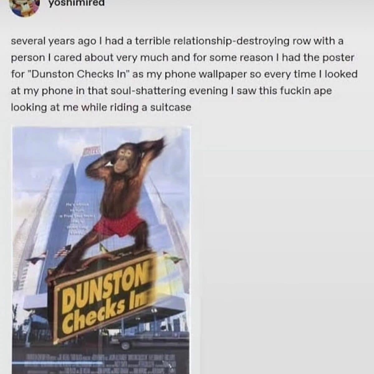 Tumblr post about seeing the Dunston Checks In poster as a phone wallpaper during a fight