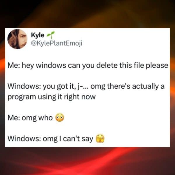 Tweet joking that Windows refuses to delete a file because some program is gossiping