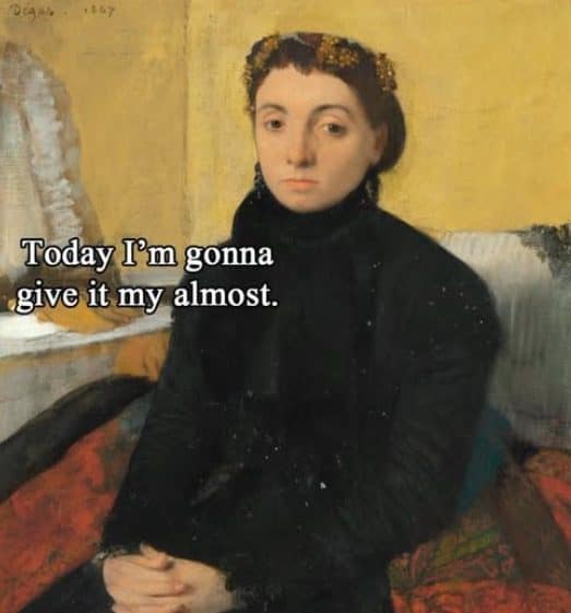Old portrait of a solemn woman in black promising to give it her almost today