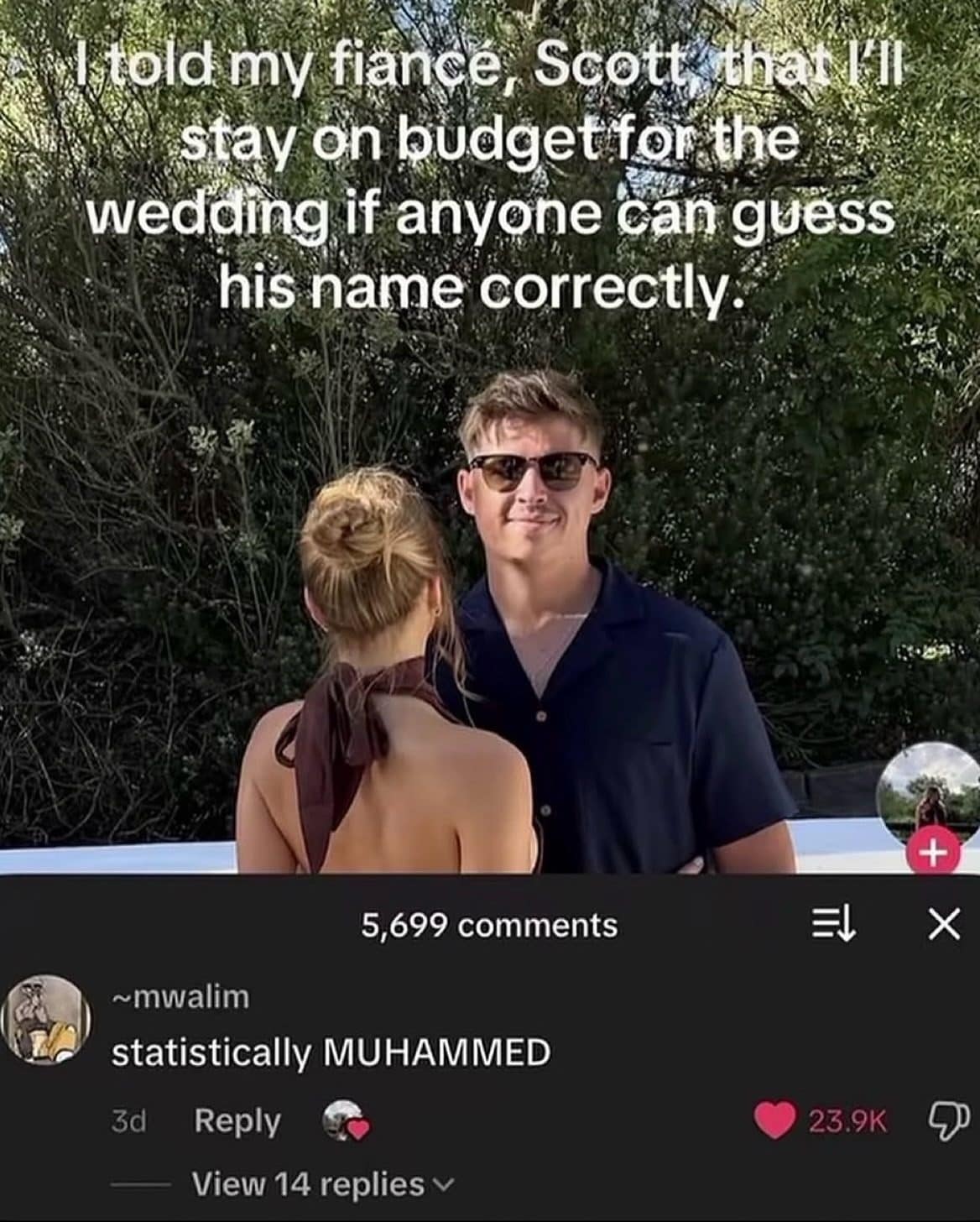 Couple photo where a bride challenges commenters to guess her fiance's name in this meme dump.