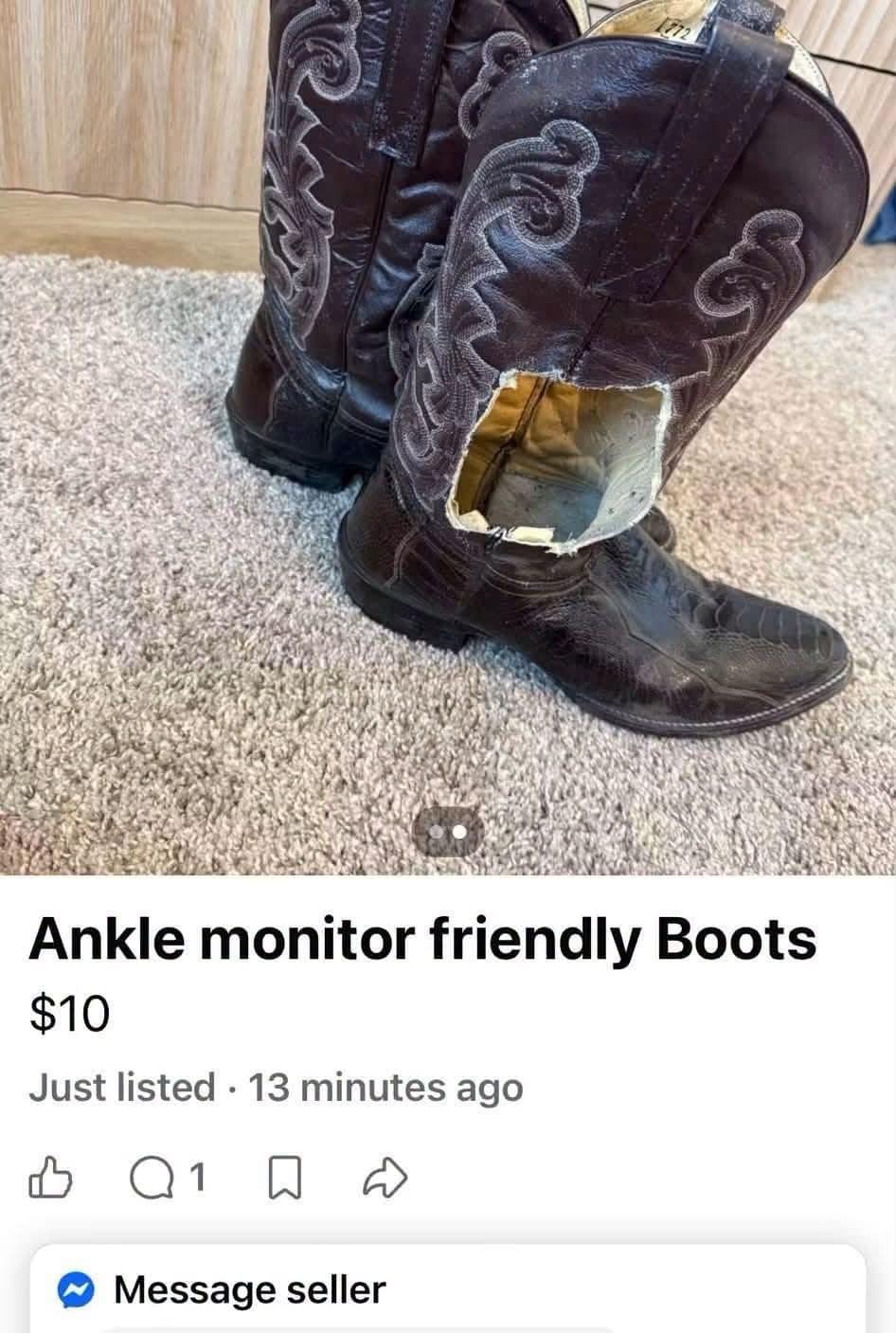Marketplace listing for cowboy boots with a hole cut out, sold as ankle monitor friendly.