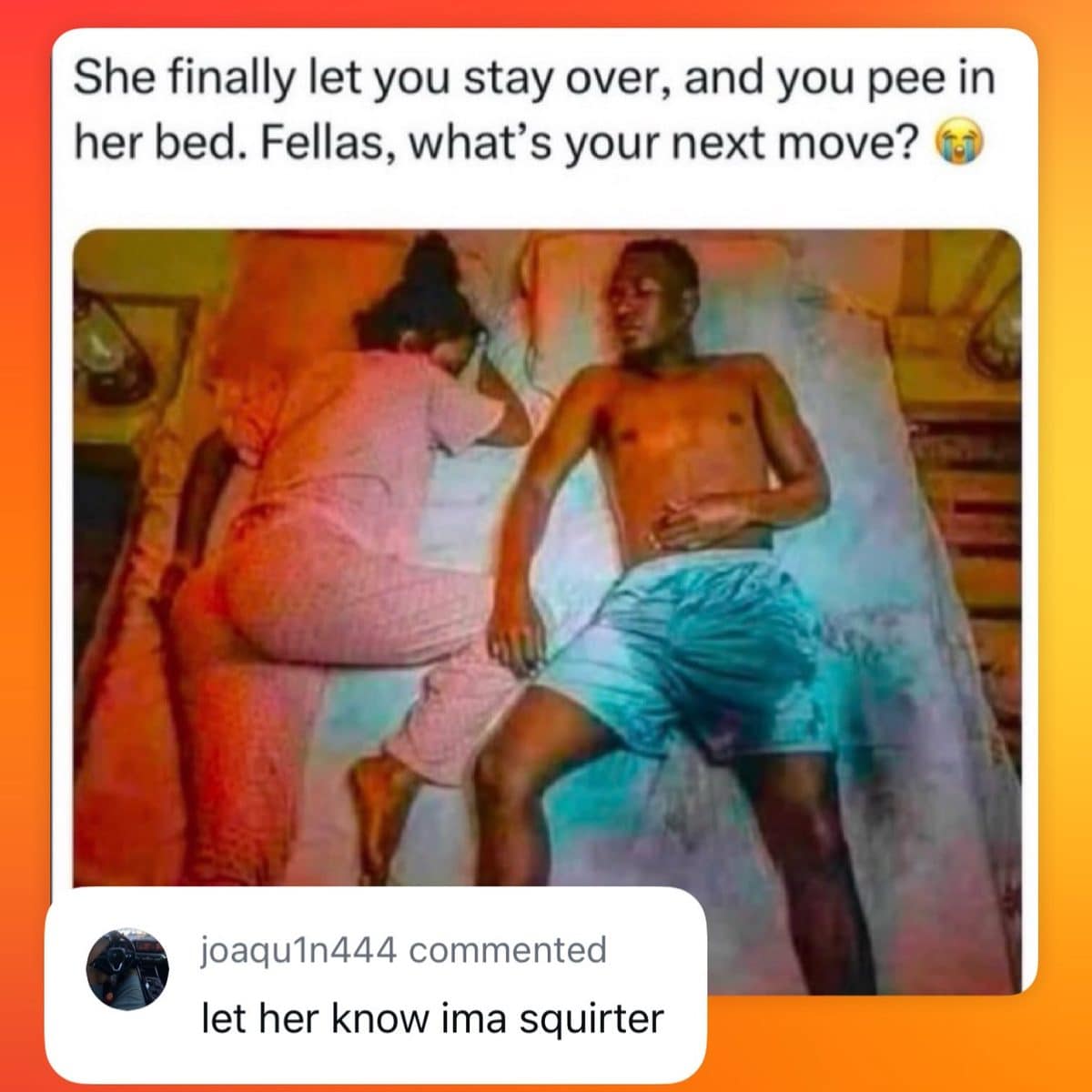 Couple asleep in bed with a crude caption about an overnight accident and a comment reply.