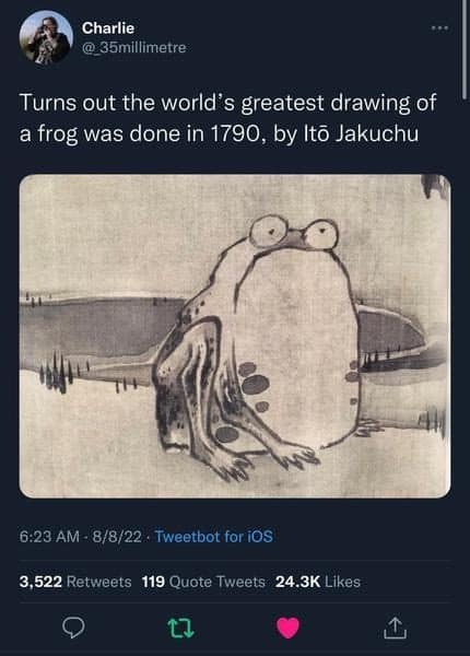 Old Japanese ink drawing of a lumpy frog, crowned the best frog in any meme dump.