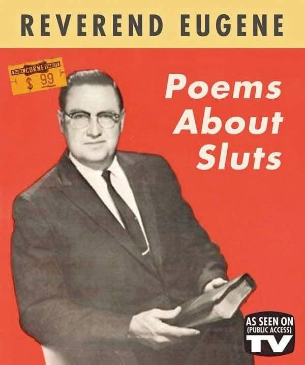 Fake vintage book cover of a stern reverend holding a Bible, with a crude title.