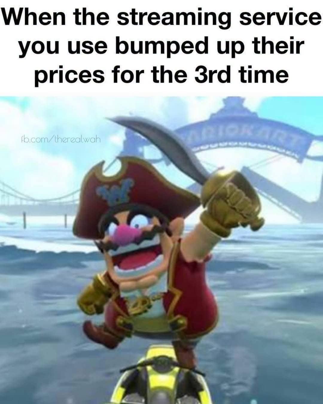 Wario dressed as a pirate on a jet ski, about streaming services raising prices again.