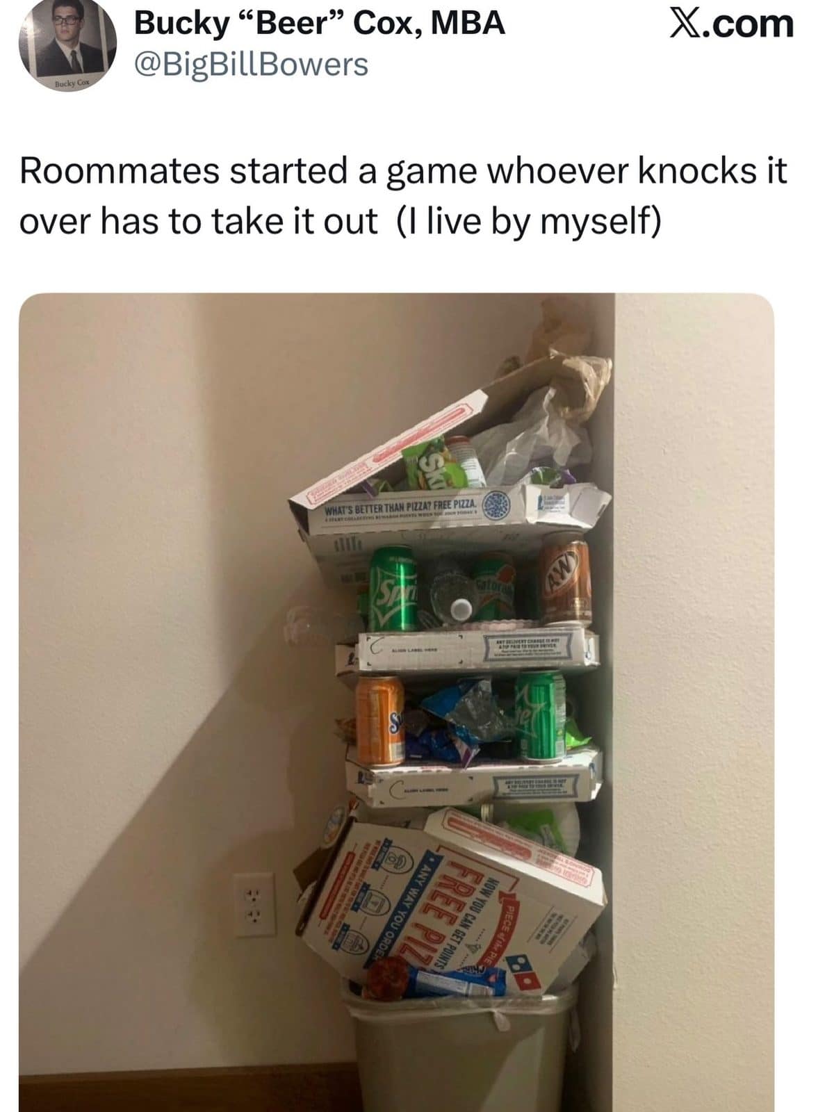 A meme dump classic: towering pile of pizza boxes and cans balanced on an overflowing trash can.