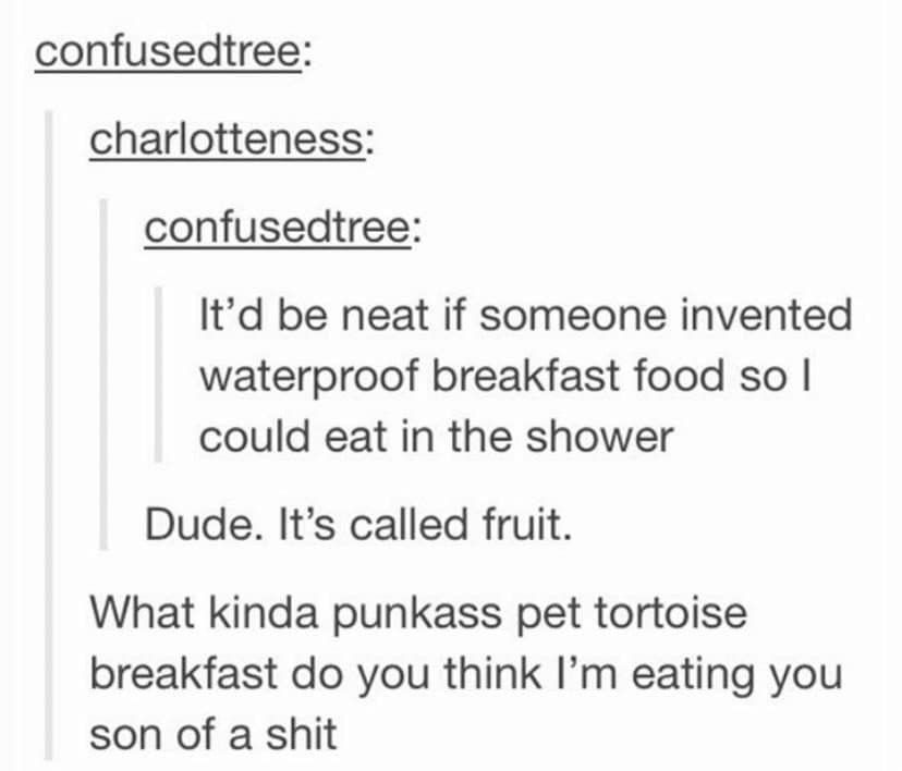 Tumblr thread about waterproof breakfast food ending in an outraged reply about fruit.