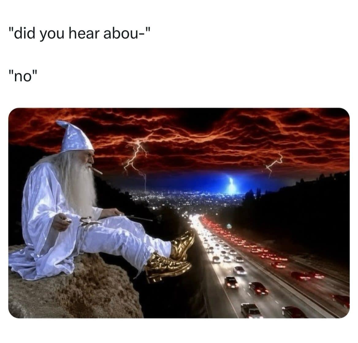Wizard smoking on a cliff above a stormy city, answering did you hear about with no.
