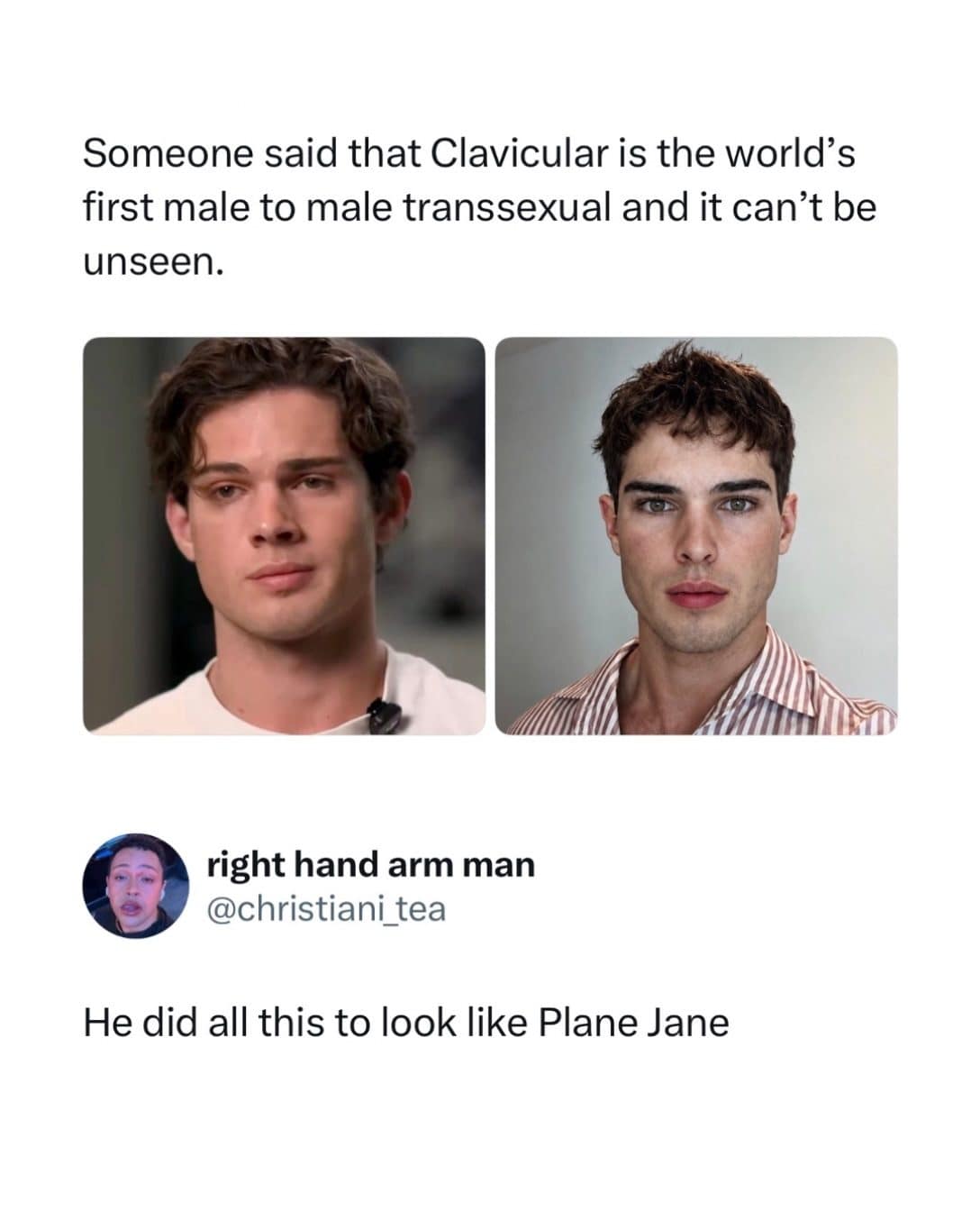 Tweet comparing two photos of an influencer's face, with a reply about Plain Jane.