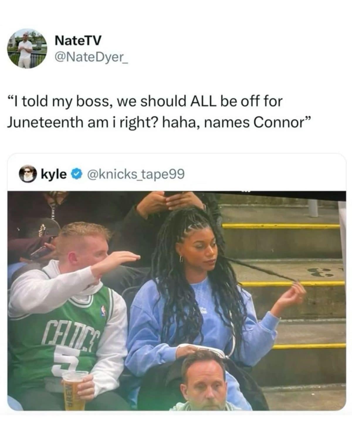 Meme dump tweet about a coworker named Connor, paired with a basketball fan touching hair.