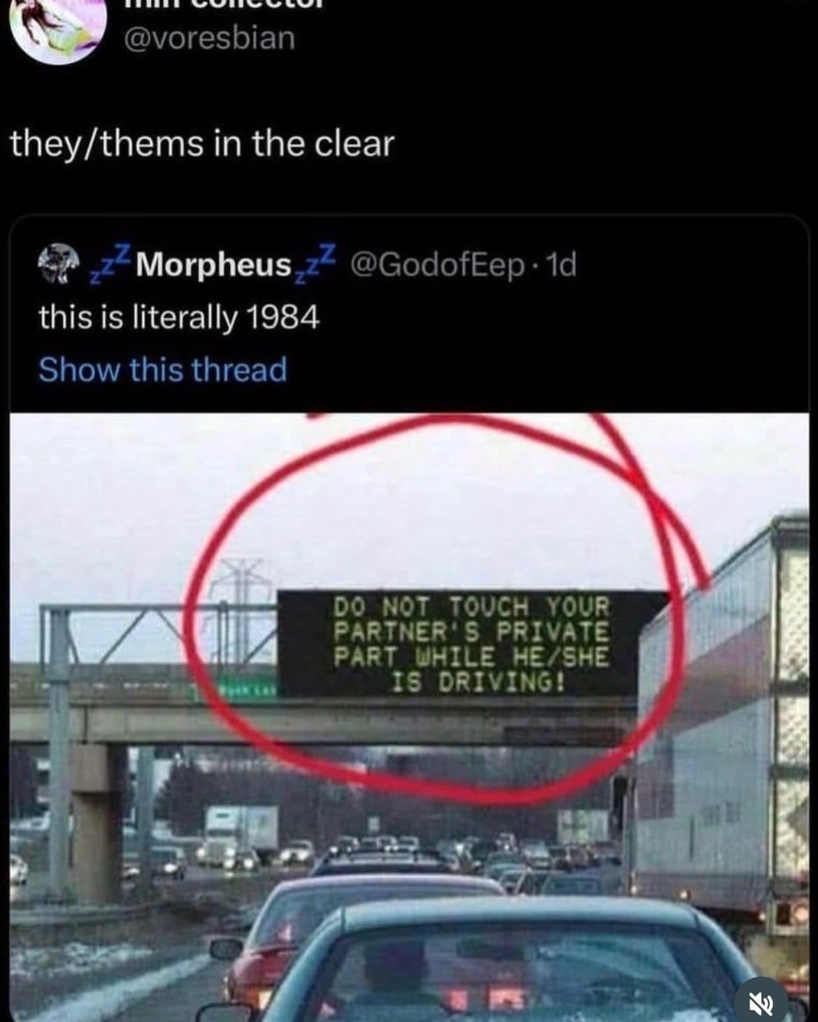 Highway sign with a crude driving warning circled in red, shared in this meme dump.