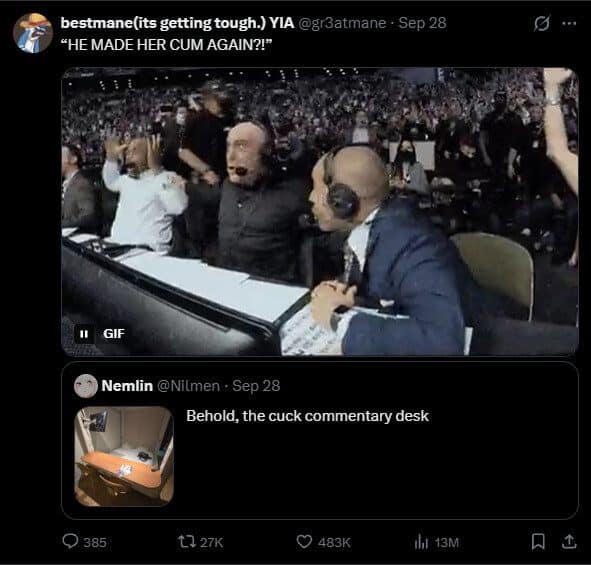 Meme dump screenshot of fight commentators leaping from their seats, with a crude caption.