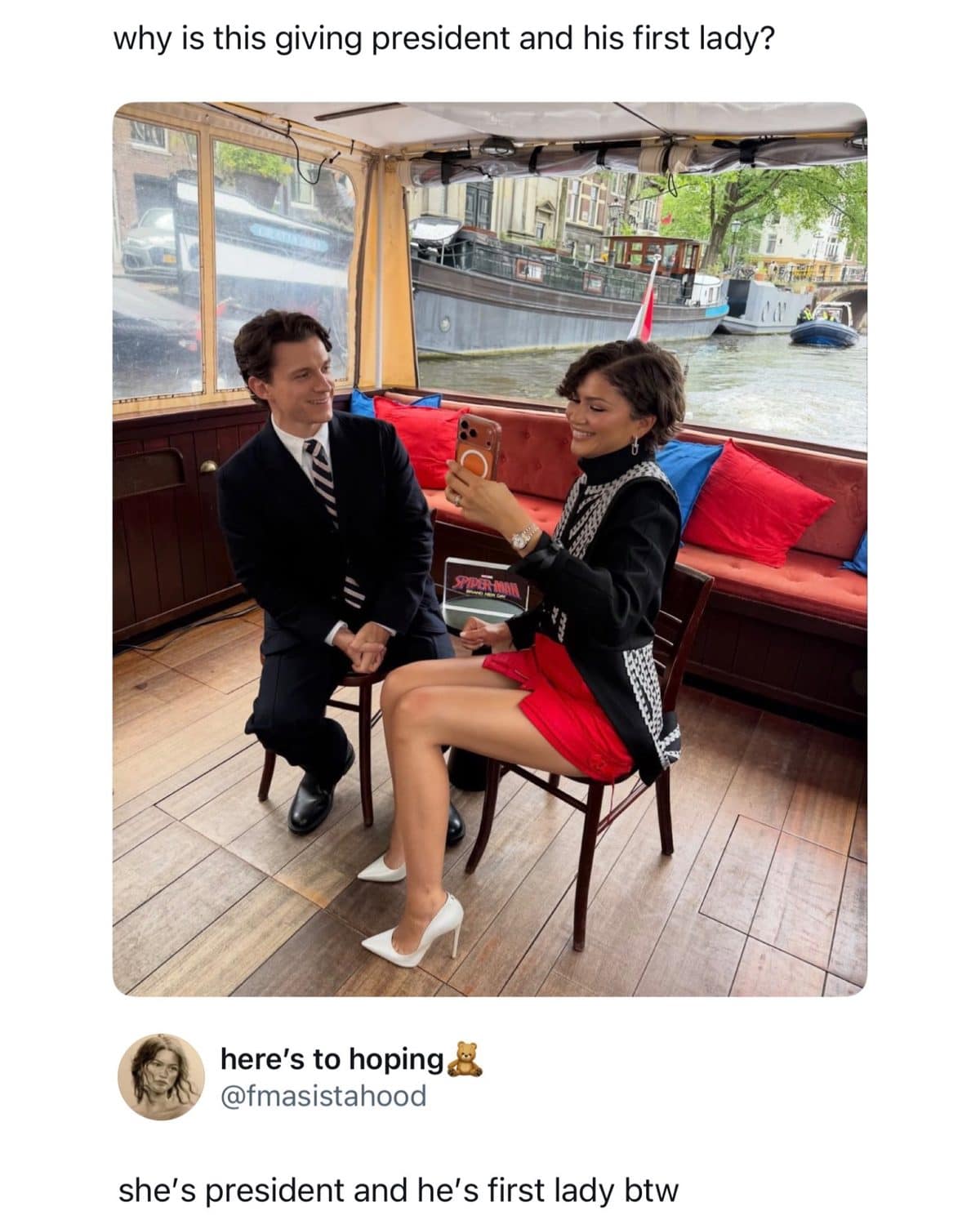 Tom Holland and Zendaya on a boat, with a joke about president and first lady.