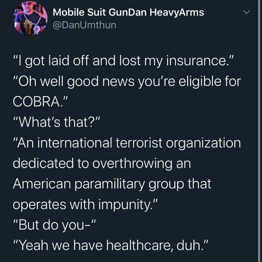 Tweet joking that COBRA health insurance is really the G.I. Joe villain organization.