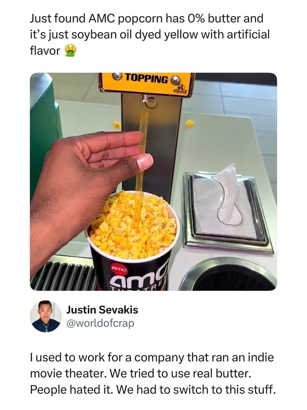 Meme dump tweet showing AMC popcorn topping, with a reply that real butter flopped.