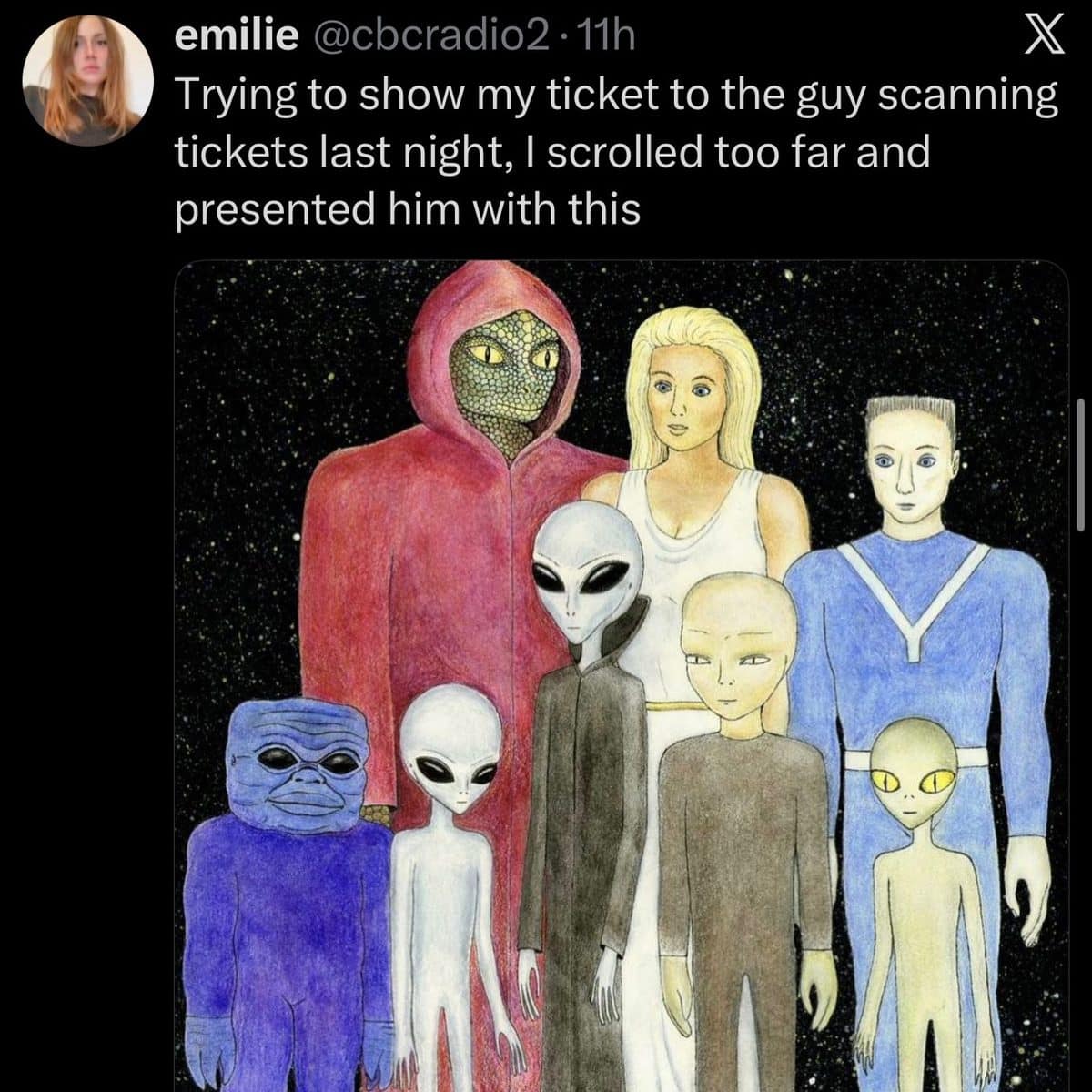 Tweet about accidentally showing a ticket scanner a drawing of eight different alien species.