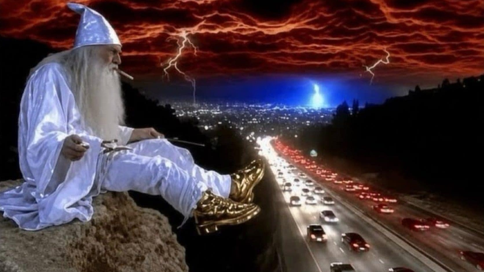 Bearded wizard in white robes smoking on a cliff over a stormy city highway, the cover for a Sunday meme dump of funny memes.