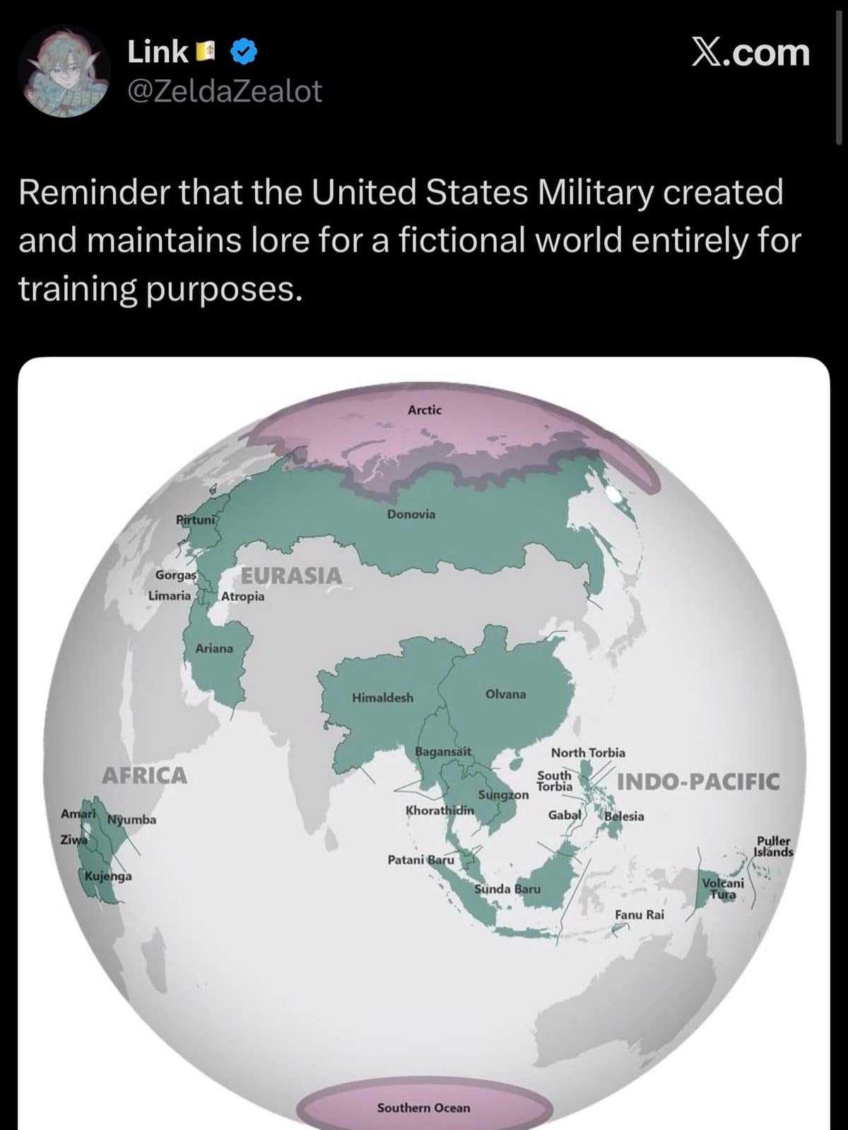 Meme dump tweet about the US military's fictional training world map with invented countries.