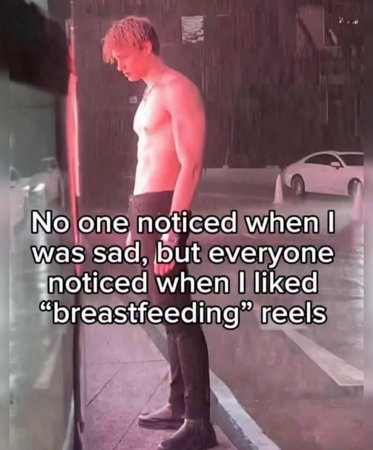 Meme dump photo of a shirtless man in the rain, captioned about liked reels.