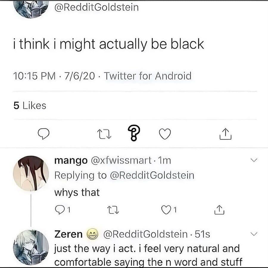 Old tweet thread with an offensive joke about race and a slur reference.