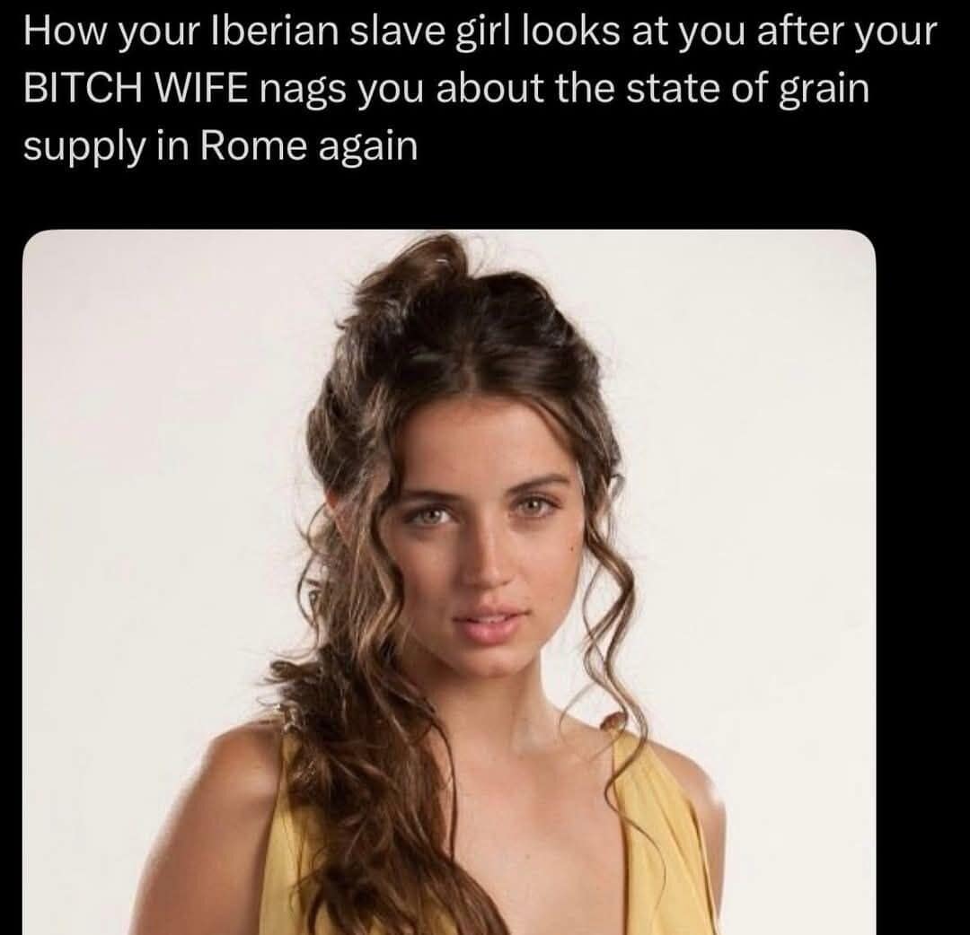 Meme dump post of an actress in a yellow dress with a crude ancient Rome caption.