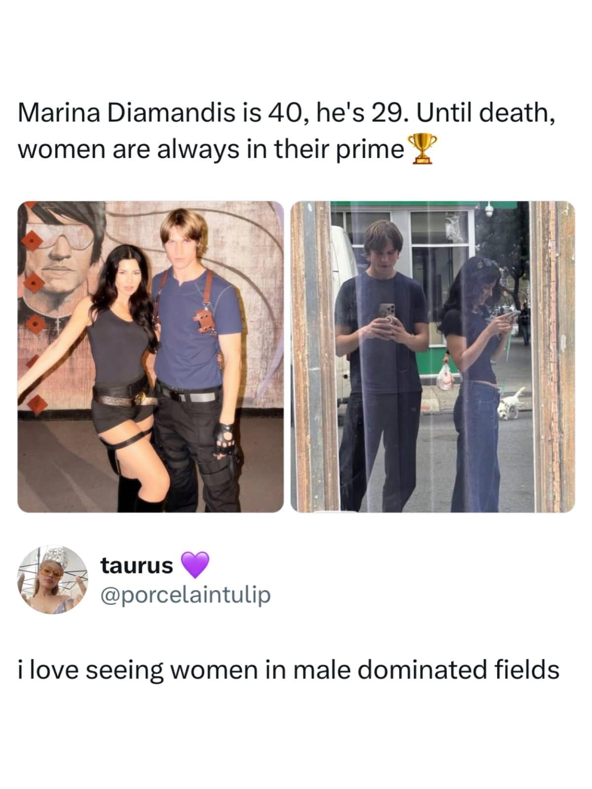 Tweet about Marina Diamandis and a younger boyfriend, with a joke about male dominated fields.