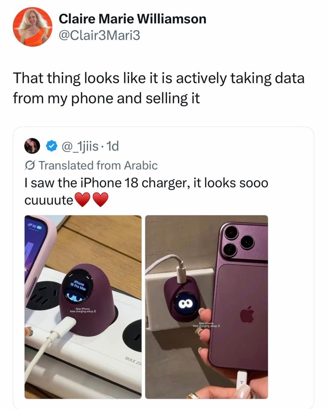Meme dump tweet saying a cute iPhone 18 charger looks like it sells your data.