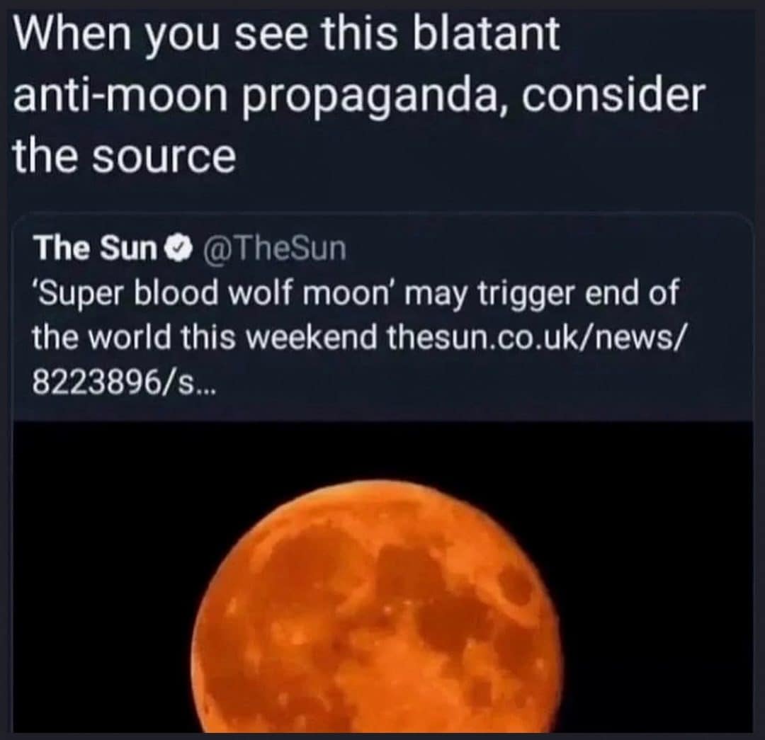 Tweet about anti-moon propaganda from The Sun, warning a blood moon could end the world.