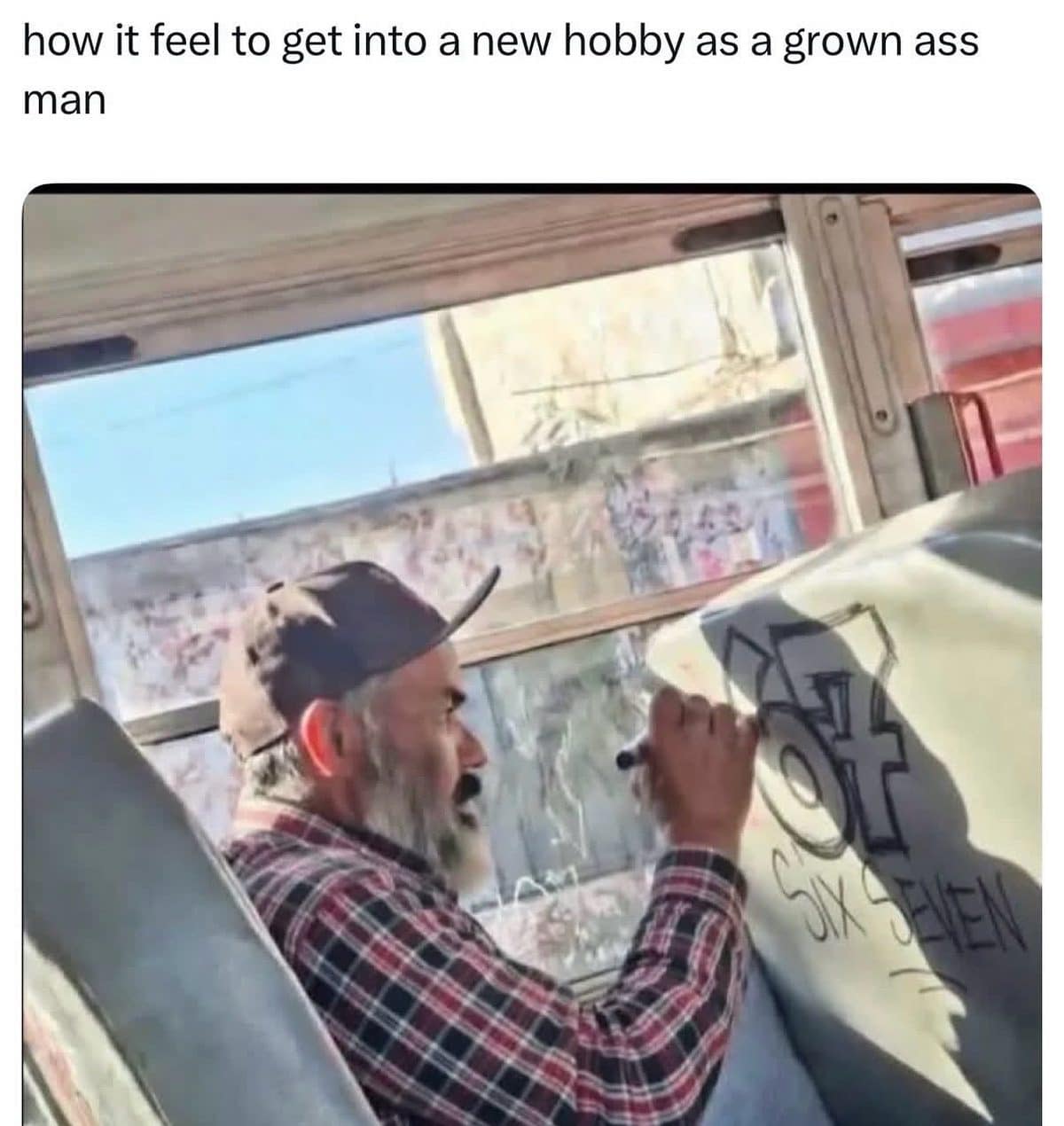 Older man in a cap tagging six seven graffiti inside a bus, about new hobbies.