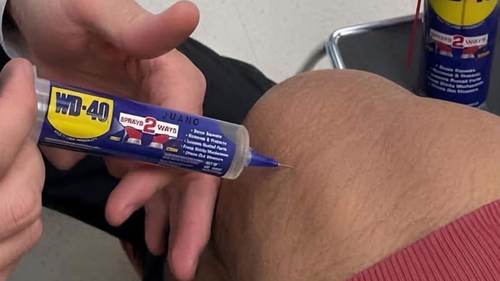 Hand injecting a knee with a WD-40 syringe beside a WD-40 can, the cover for a Monday meme dump of funny memes.