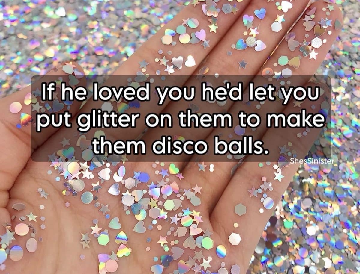 Hand covered in holographic glitter with a cheeky caption about turning something into disco balls.