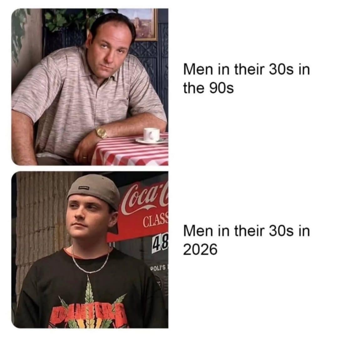 Meme dump pairing Tony and A.J. Soprano as men in their 30s, then versus now.