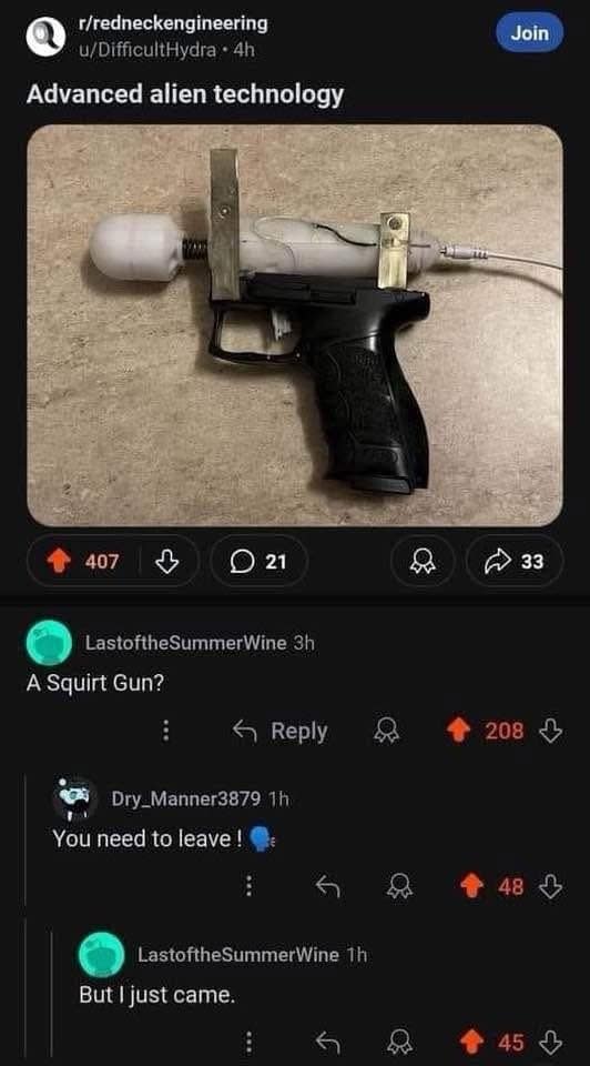 Reddit post of a homemade gadget built from a handgun frame, with innuendo-heavy replies.