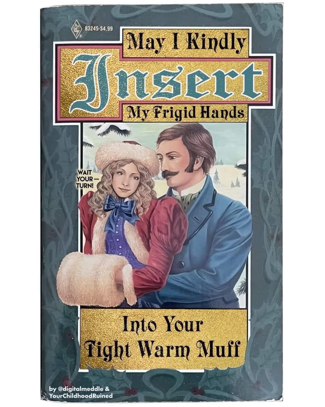 Parody romance novel cover showing a Victorian couple and a fur muff, packed with innuendo.