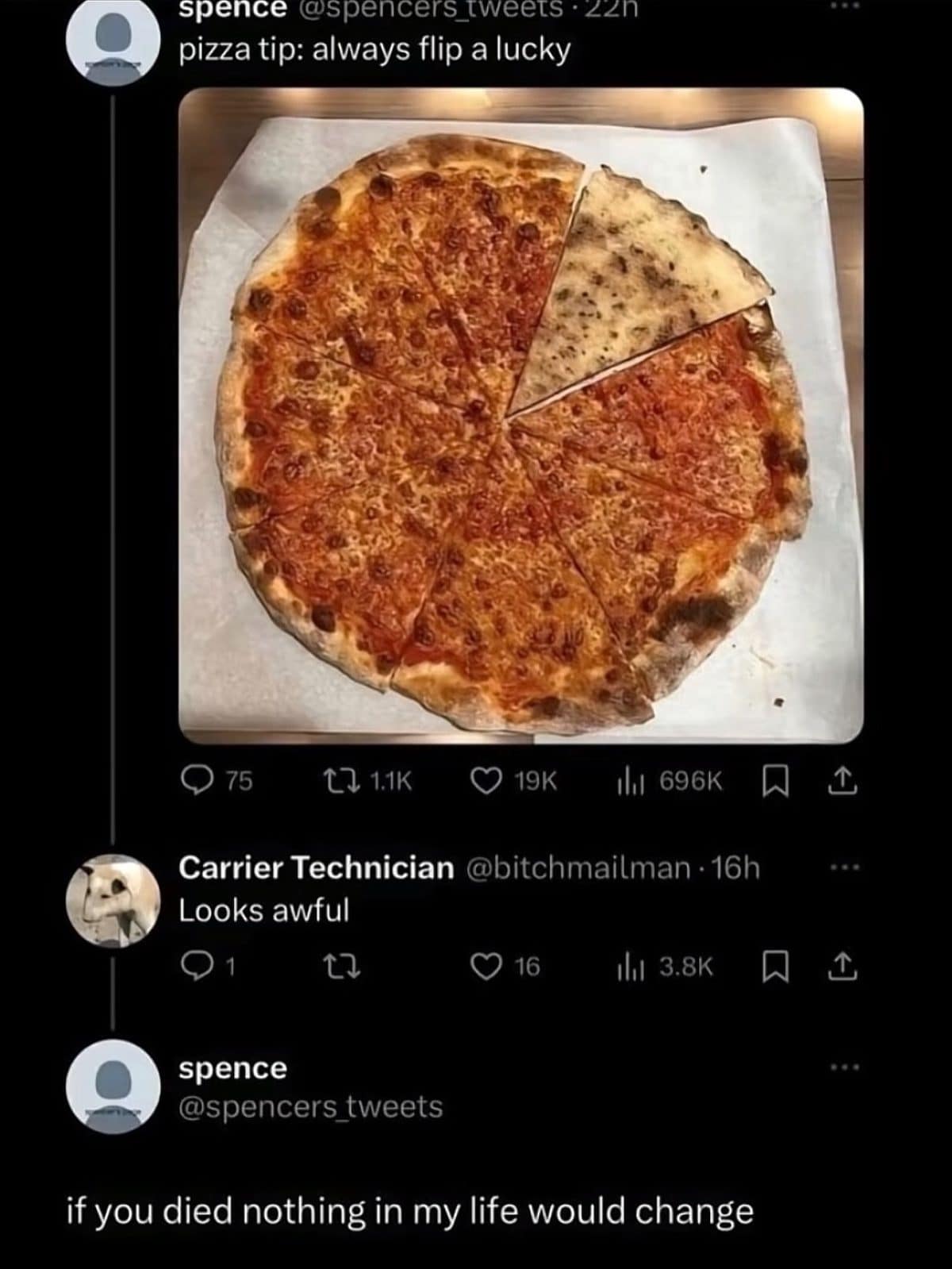 Tweet of a pizza with one slice flipped over, followed by a harsh reply exchange.
