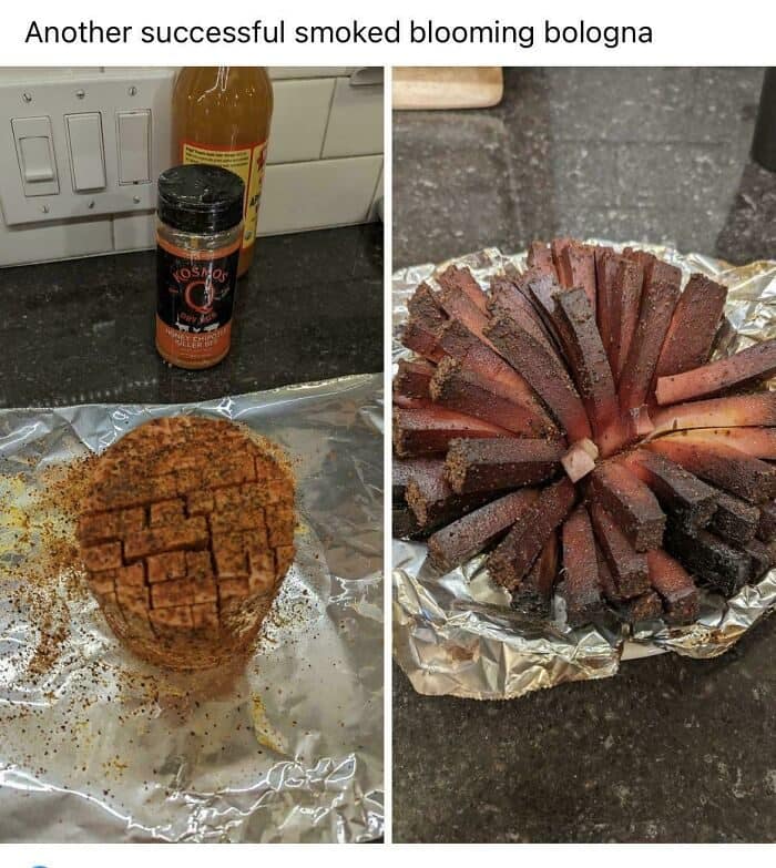 This meme dump's smoked bologna, cut like a blooming onion, shown raw and finished.
