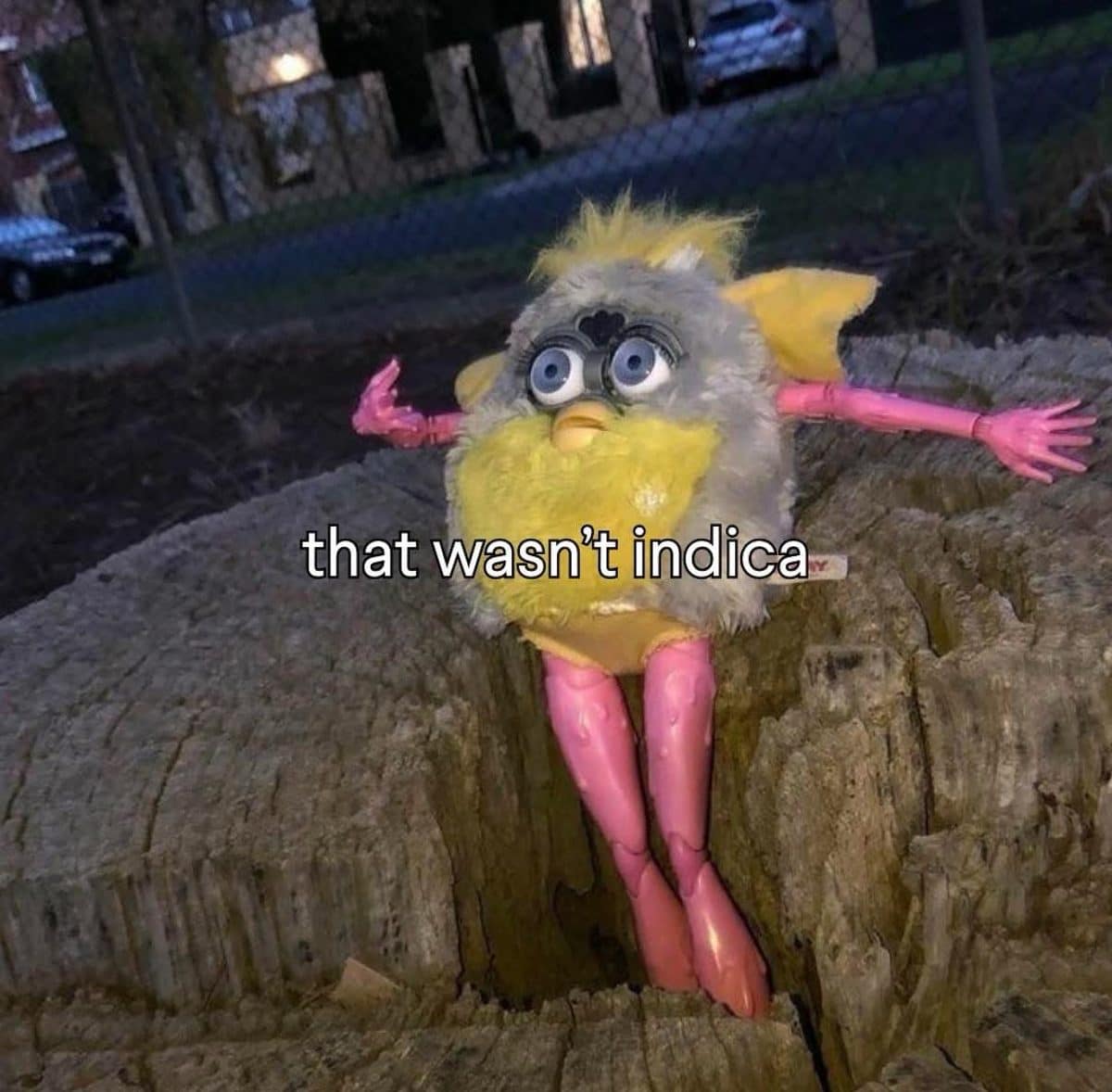 Gray and yellow Furby with pink doll arms and legs, captioned that wasn't indica.