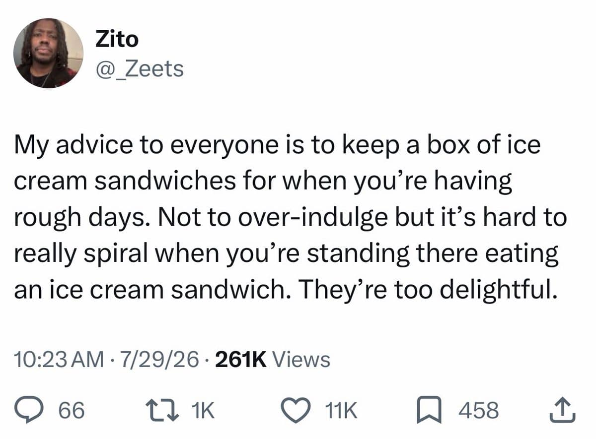 A meme dump tweet saying keeping ice cream sandwiches around makes spiraling impossible.