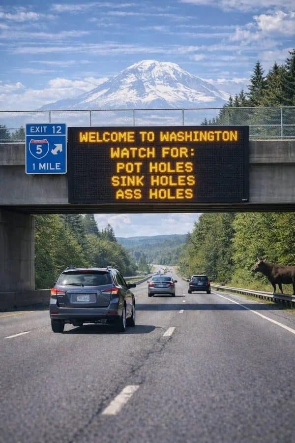 Highway sign welcoming drivers to Washington with a warning about potholes, sinkholes, and rude drivers.
