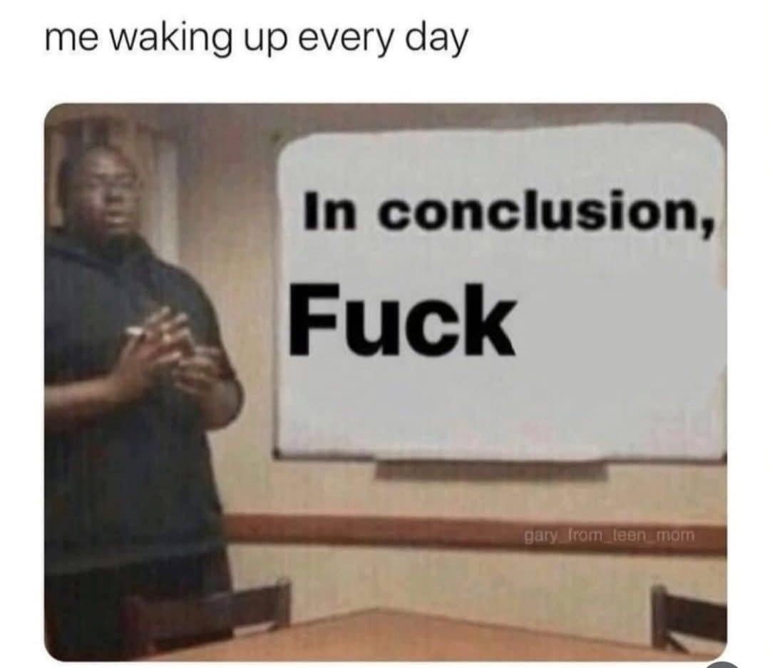 Man standing beside a whiteboard with a blunt one word conclusion about waking up