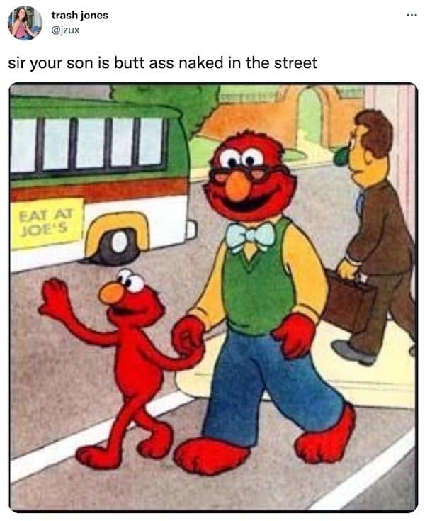 Meme dump cartoon of Elmo walking with a fully clothed dad who looks just like him
