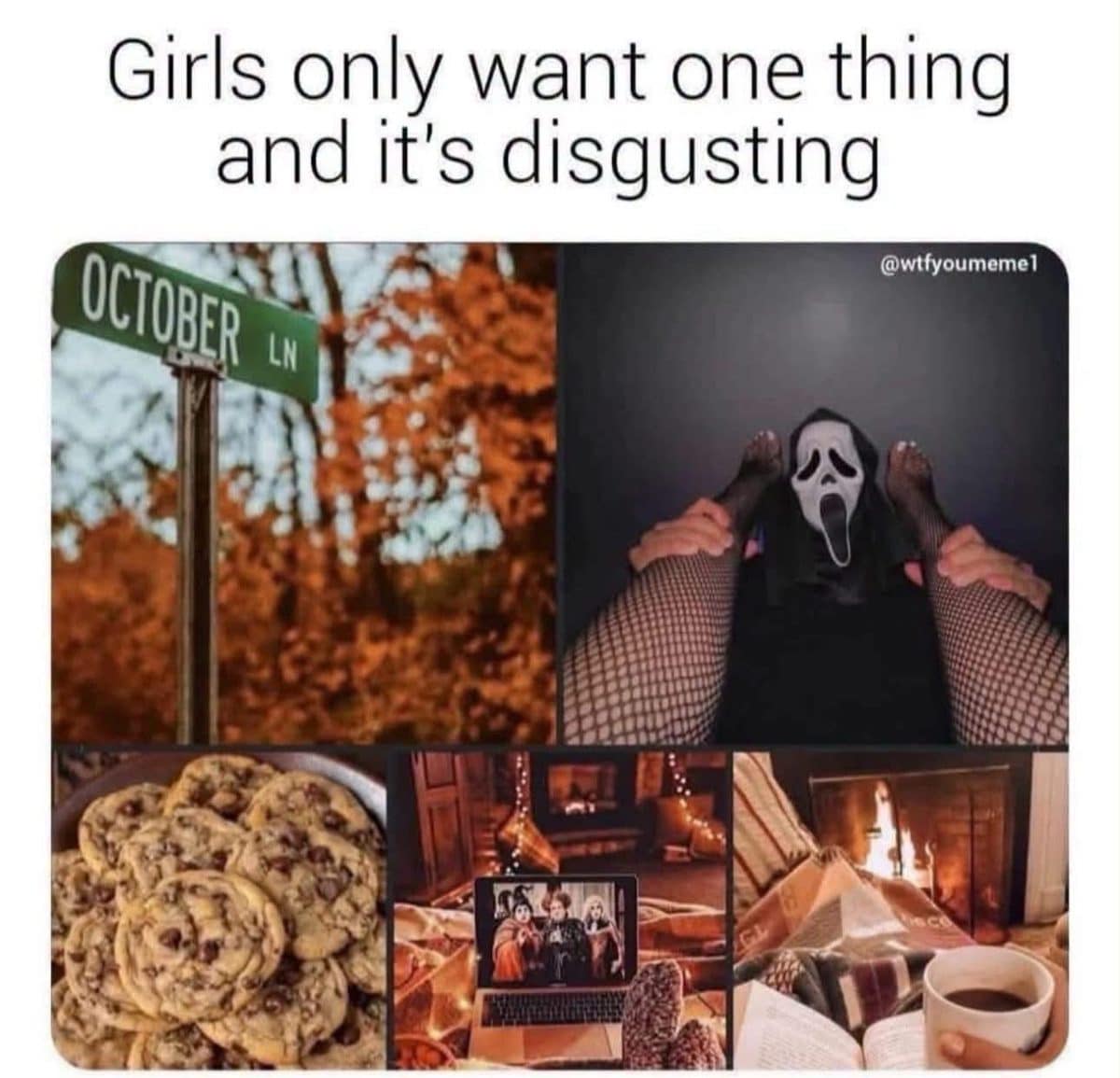 Collage of October street signs, cookies, Ghostface and cozy fall movie nights