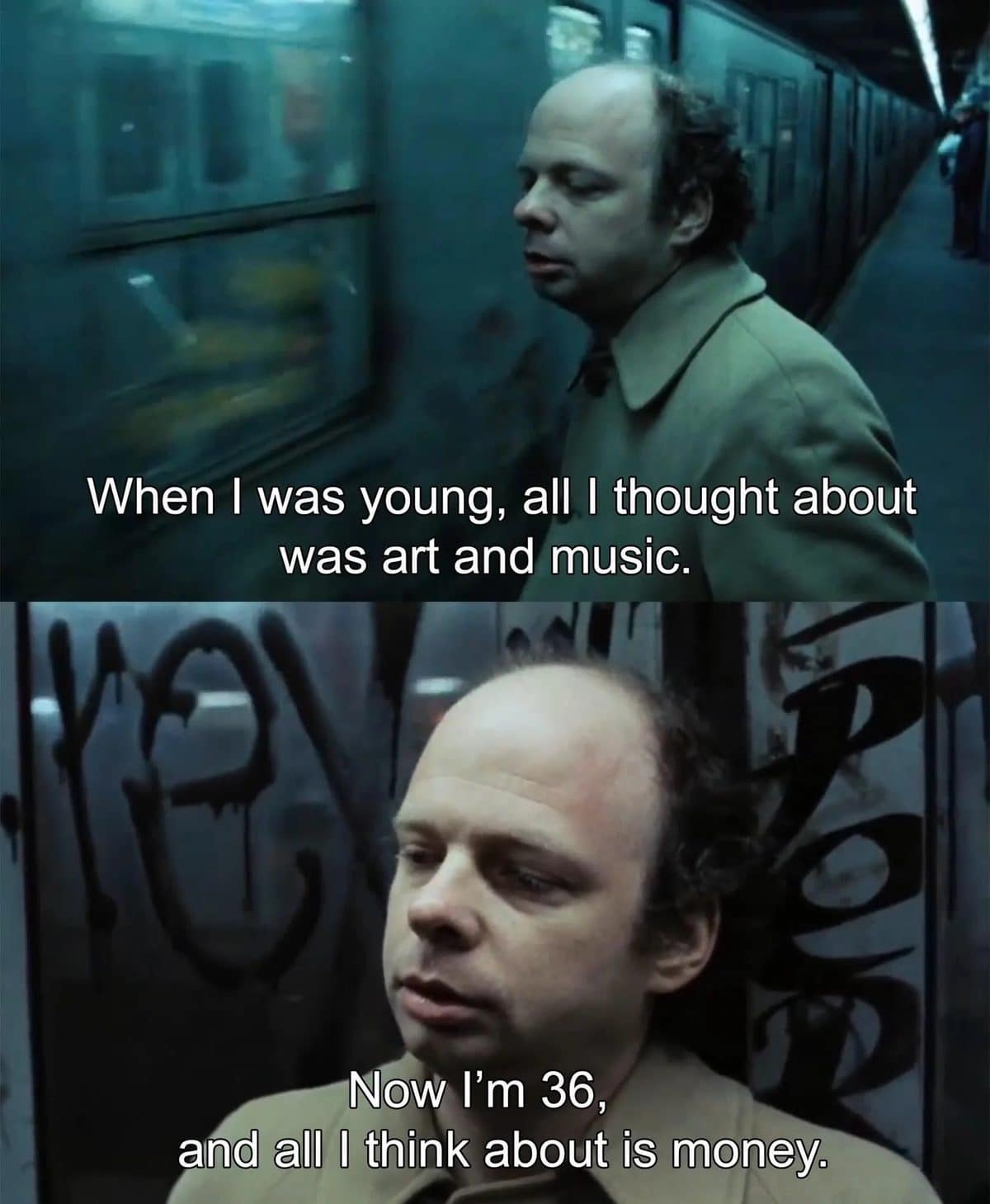 Meme dump movie still of a balding man on a subway platform admitting he only thinks about money