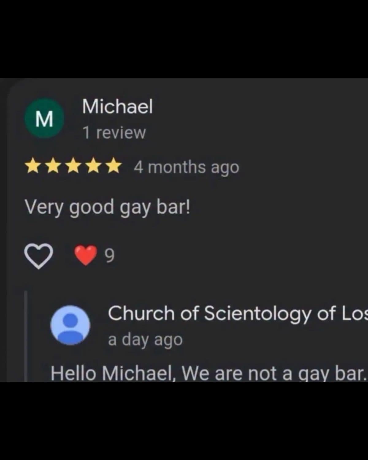 Google review calling a place a good gay bar, answered by the Church of Scientology.